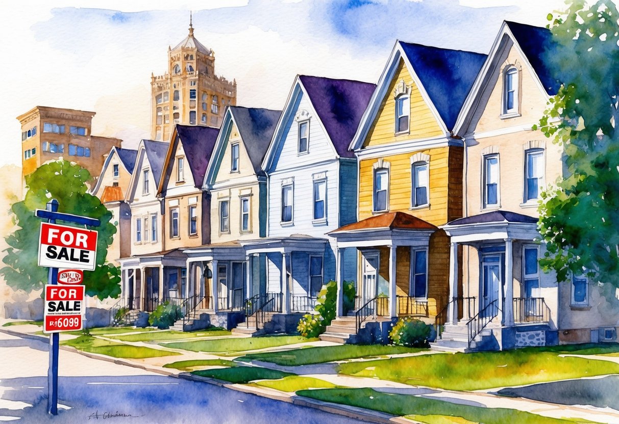 A row of residential houses in Cleveland, Ohio, with "For Sale" signs and a bustling real estate office in the background