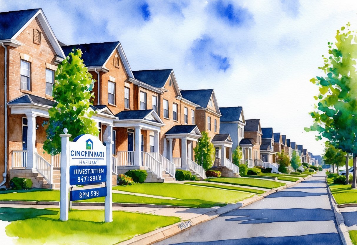 A suburban neighborhood in Cincinnati, Ohio with rows of well-maintained houses and a sign for a real estate investment firm
