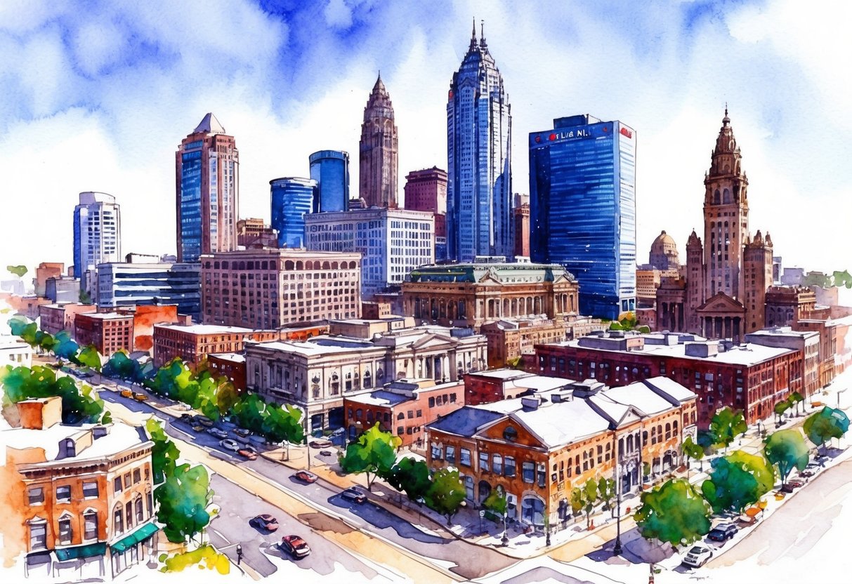 A bustling cityscape with Cleveland's iconic skyline, featuring a mix of modern high-rises and historic buildings, surrounded by vibrant neighborhoods and bustling streets