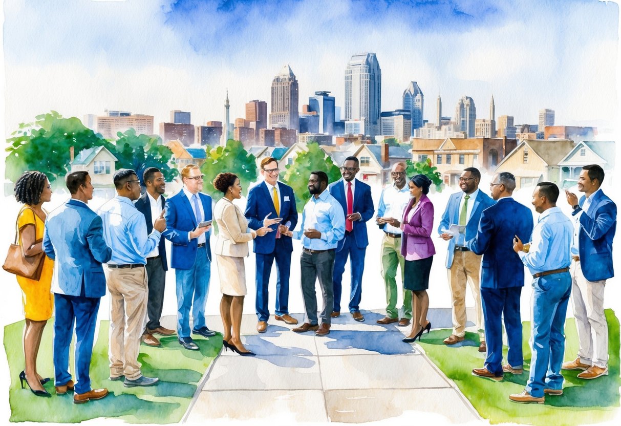 A group of diverse individuals gather in a Cincinnati neighborhood, exchanging contact information and discussing real estate investment opportunities. The skyline of the city is visible in the background