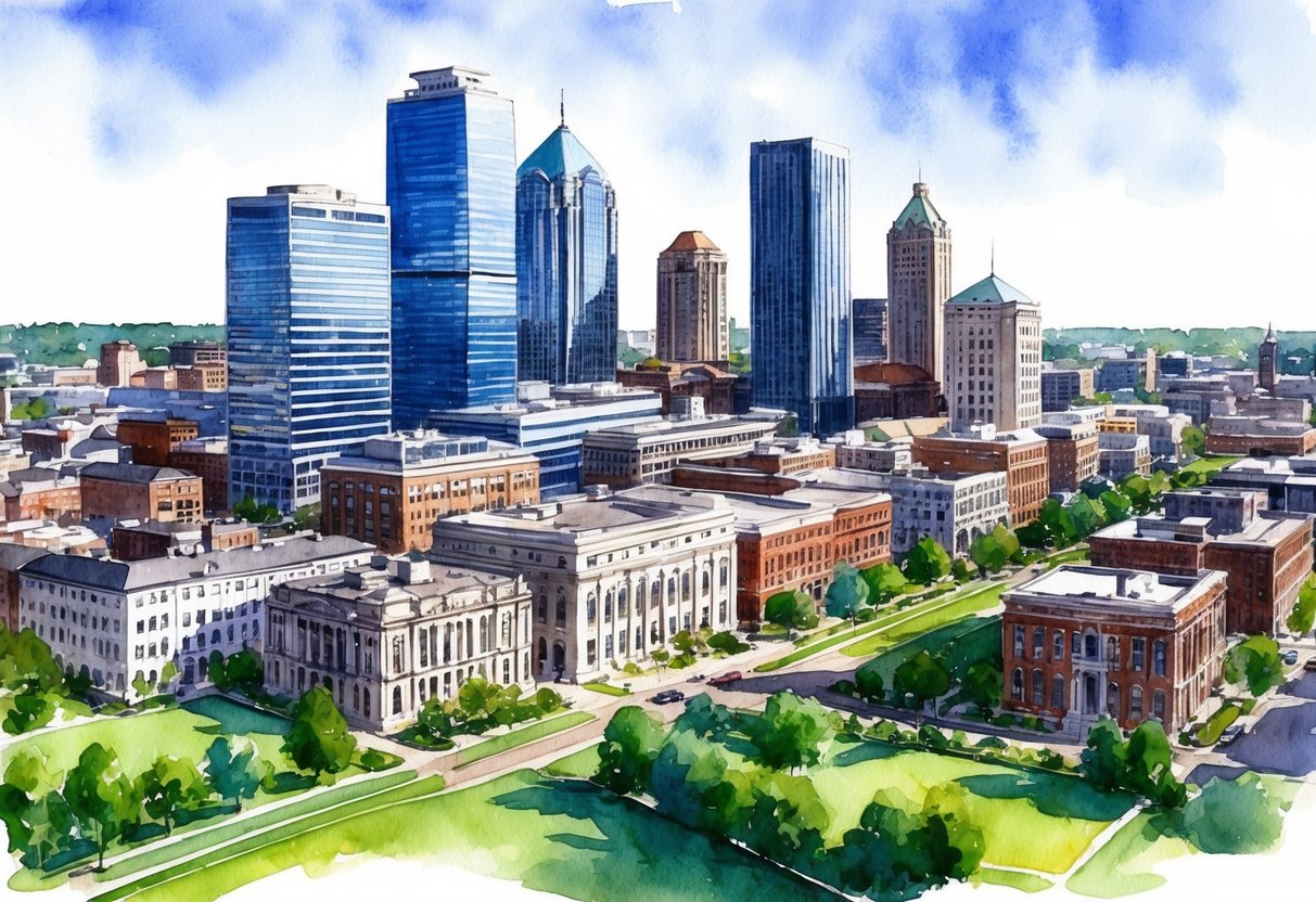 A bustling cityscape in Columbus, OH with a mix of modern skyscrapers and historic buildings, surrounded by green parks and residential neighborhoods
