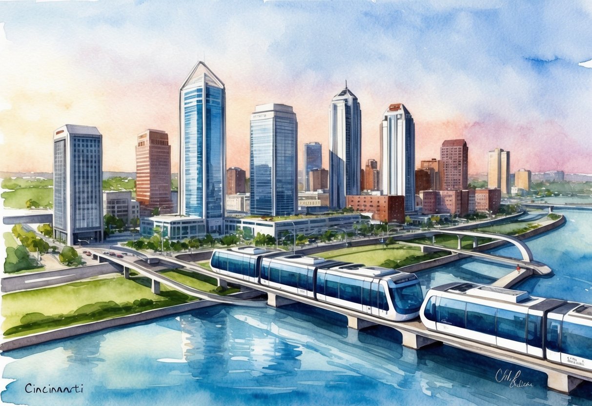 A futuristic cityscape of Cincinnati with modern high-rise buildings and sleek, efficient public transportation