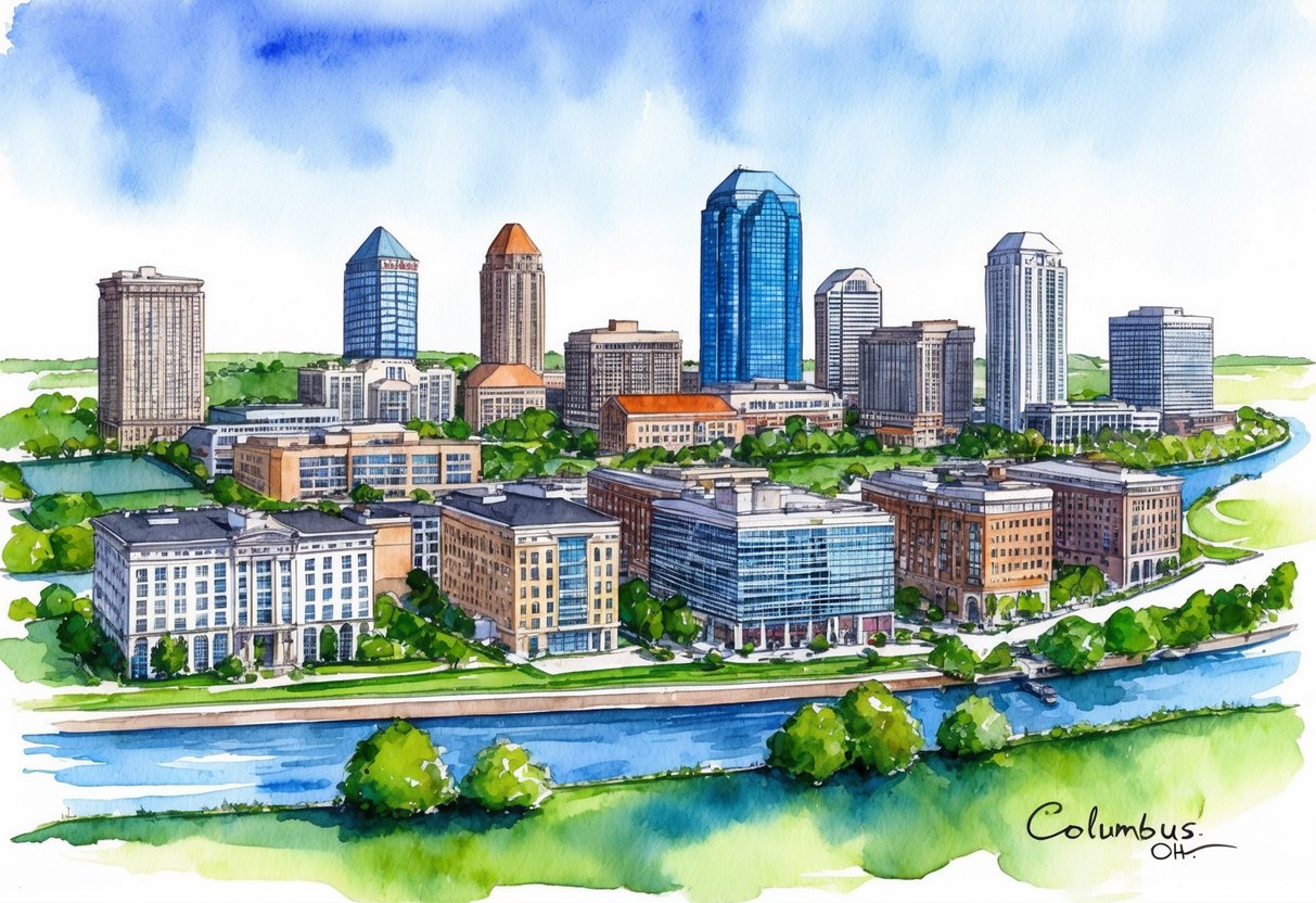 A skyline of Columbus, OH with various real estate properties, including residential and commercial buildings, surrounded by greenery and a river