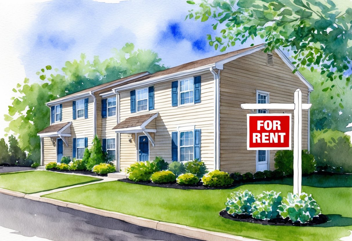 A well-maintained rental property in Columbus, OH, with a tidy exterior, lush landscaping, and a "For Rent" sign displayed prominently
