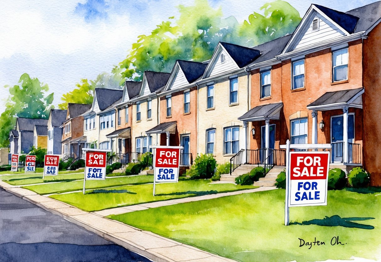 A row of residential houses in Dayton, OH, with "For Sale" signs displayed in the front yards