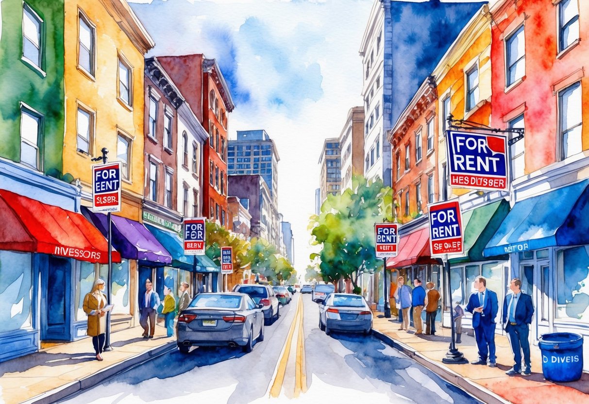 A bustling city street with diverse housing options and "For Rent" signs, surrounded by investors and real estate agents