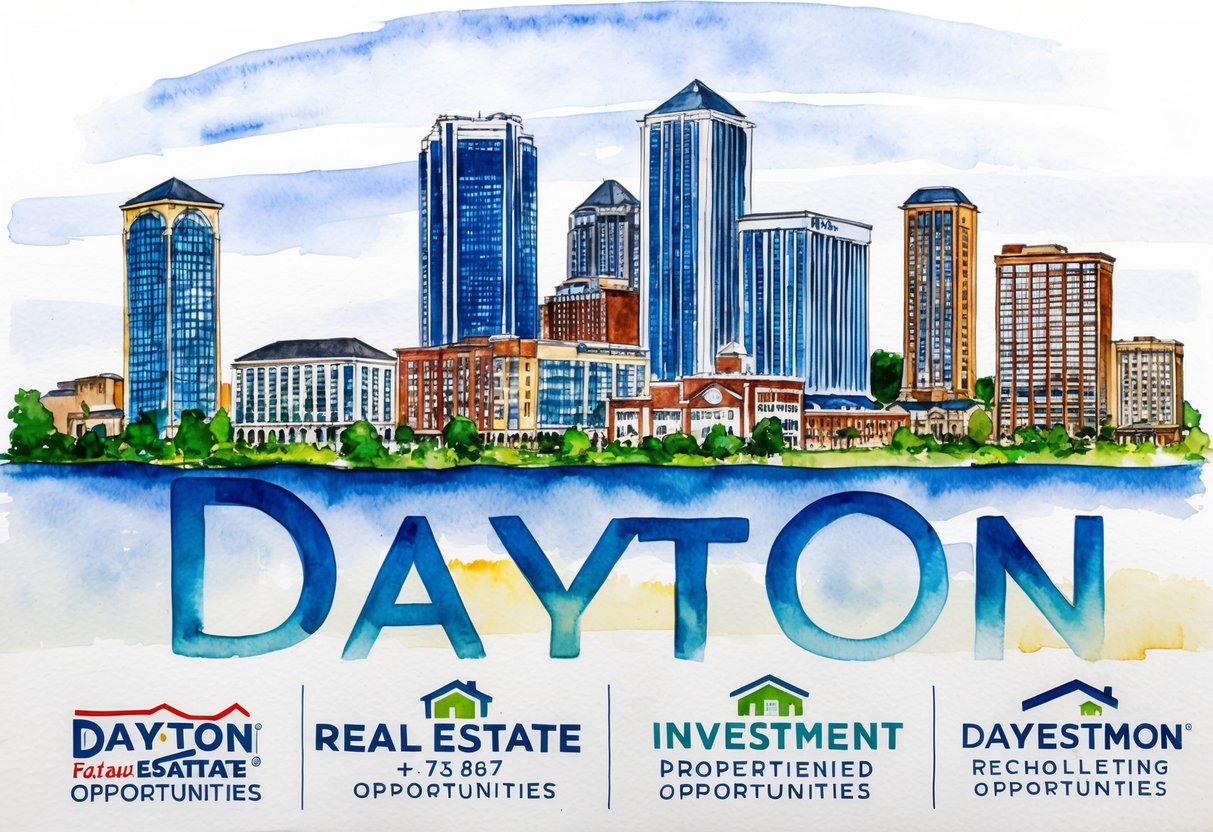 A skyline of Dayton, Ohio with various real estate properties and investment opportunities