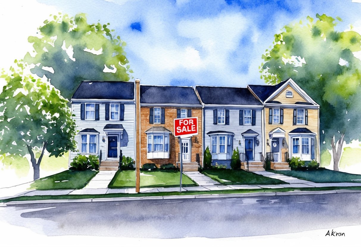 A row of residential houses in Akron, OH, with a "For Sale" sign in front of one. Surrounding trees and a clear blue sky