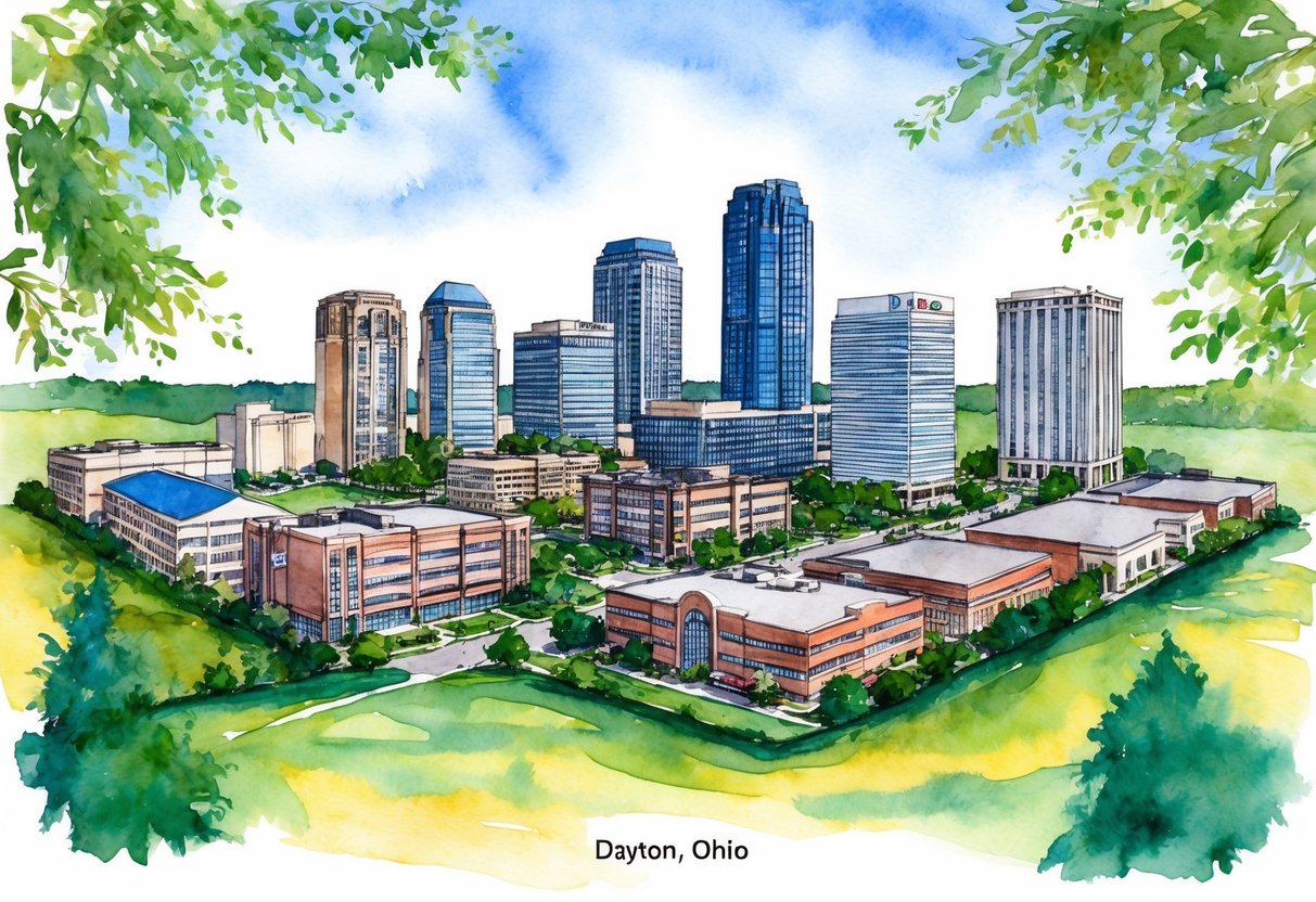 A skyline of Dayton, Ohio with various real estate properties, including residential and commercial buildings, surrounded by trees and greenery