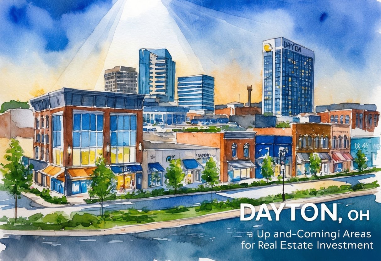 A bustling cityscape of Dayton, OH, with modern buildings and trendy shops, illuminated by a spotlight, showcasing the up-and-coming areas for real estate investment