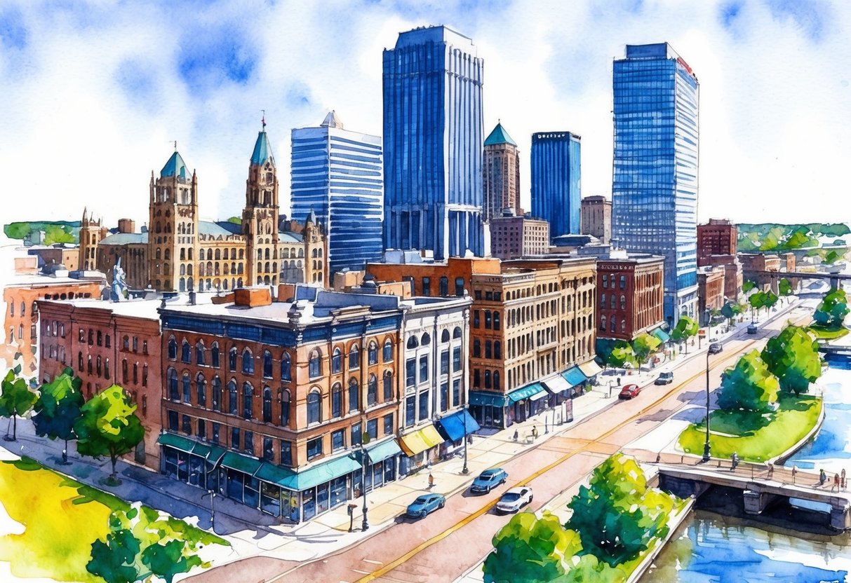 A bustling downtown street in Toledo, OH, with a mix of historic buildings and modern skyscrapers, surrounded by green parks and the Maumee River