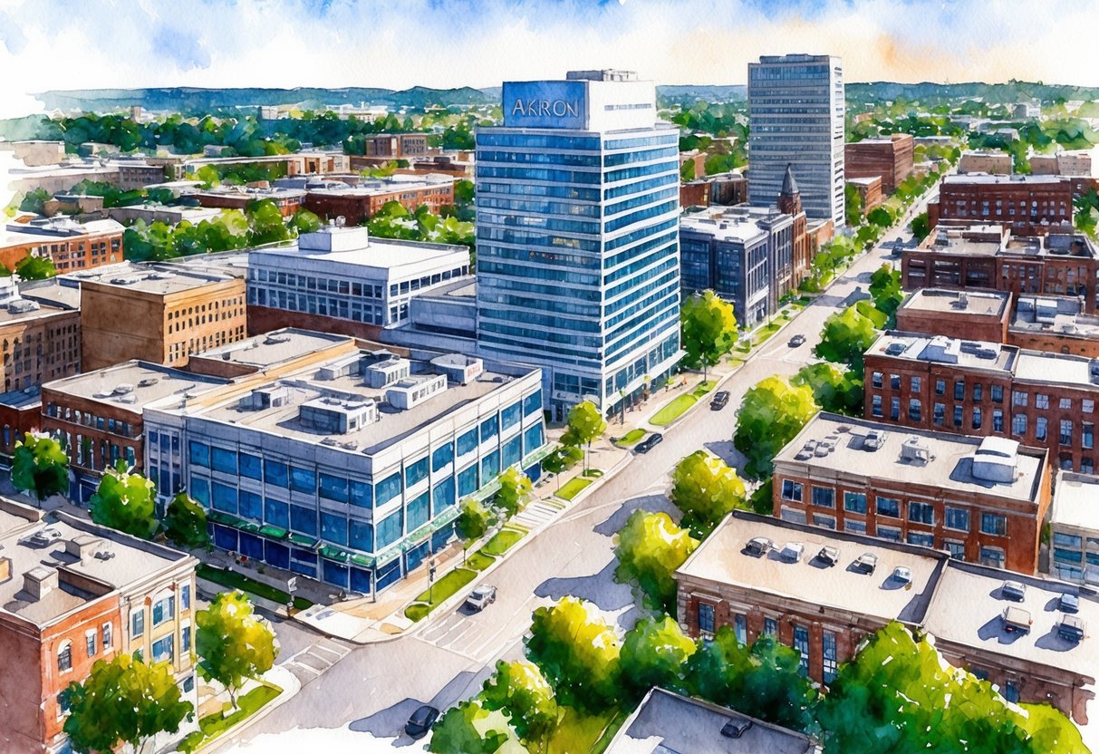 A bustling downtown Akron, OH, with modern office buildings and busy streets, surrounded by residential and commercial properties ripe for investment