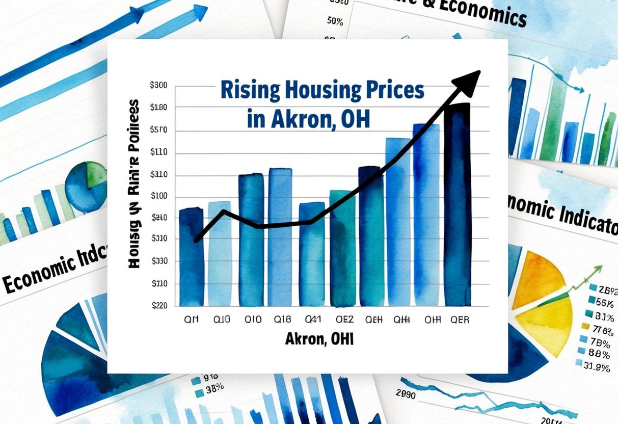 A graph showing rising housing prices in Akron, OH, with arrows pointing upward, surrounded by charts of economic indicators