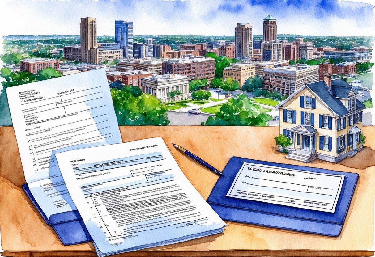 An office desk with legal and tax documents, a cityscape of Akron, Ohio in the background, and a real estate property being exchanged