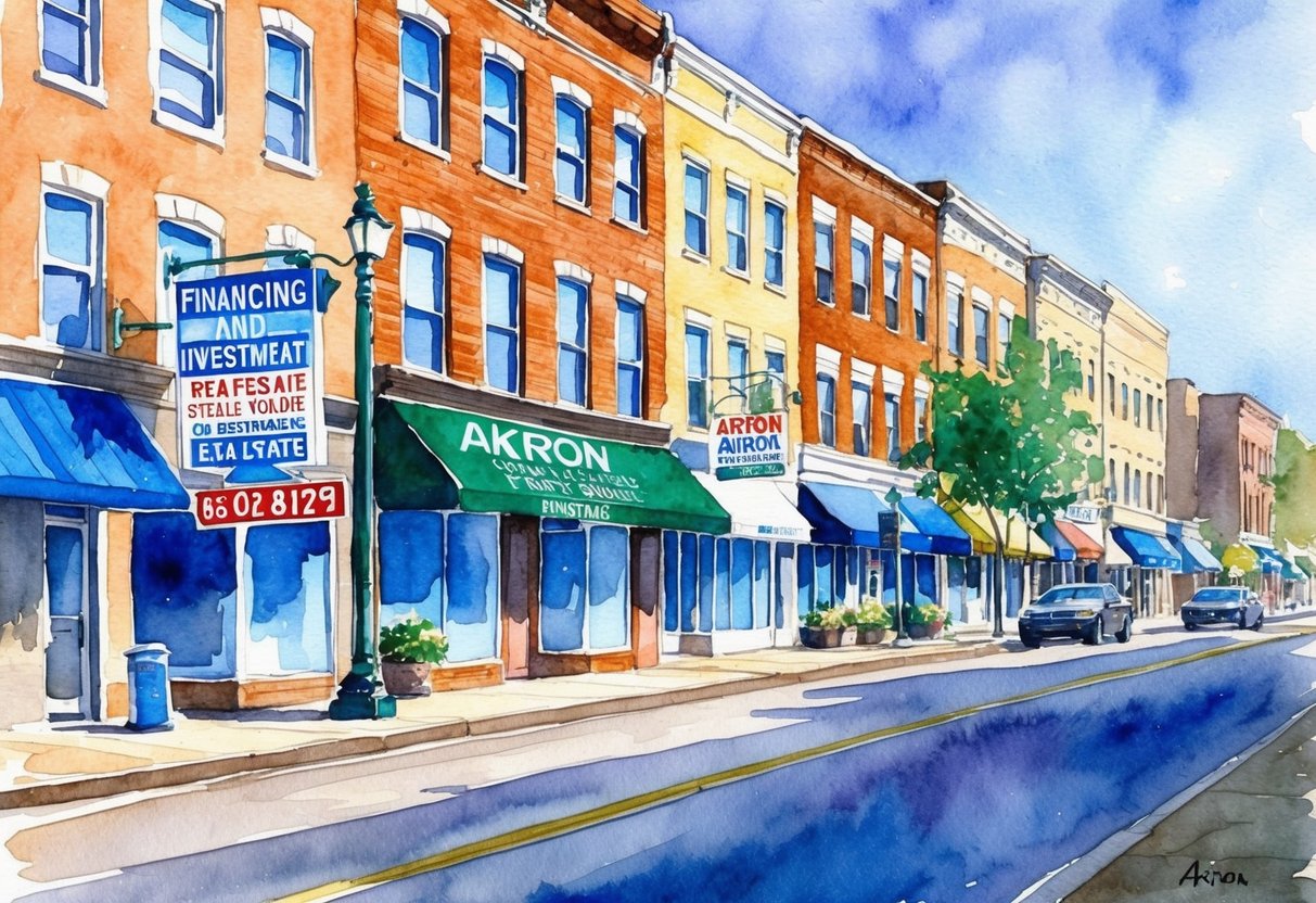 A bustling city street in Akron, Ohio with rows of commercial and residential properties. Signs advertise financing and investment strategies for real estate