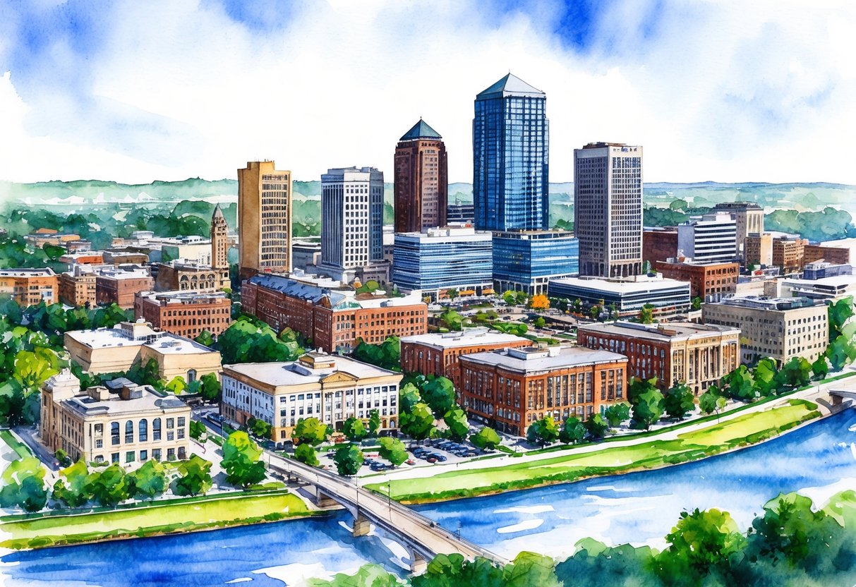 A skyline of Toledo, OH with various properties, including residential and commercial buildings, surrounded by greenery and a river