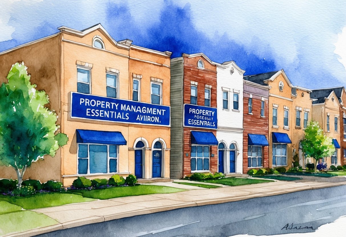 A row of residential buildings with "Property Management Essentials" signage in Akron, OH