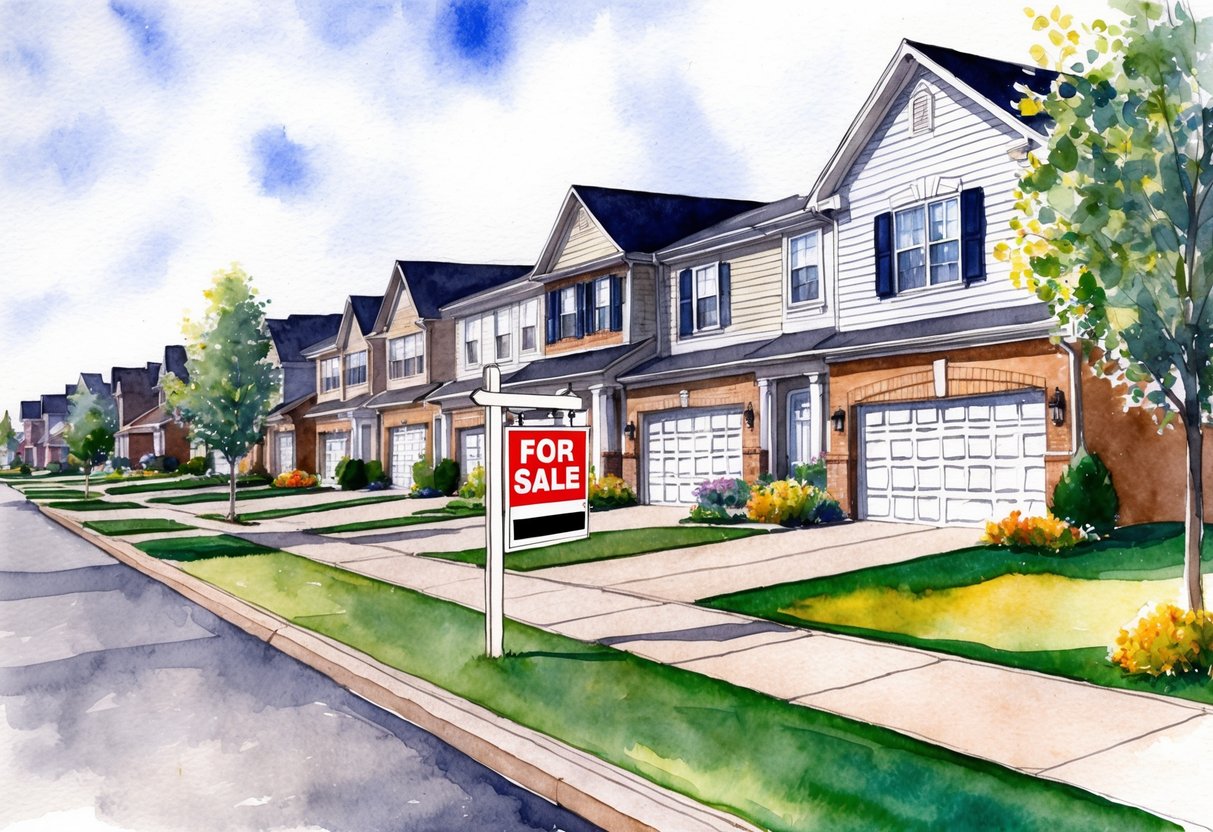 A suburban neighborhood in Toledo, OH with rows of houses, a mix of single-family homes and duplexes. A "For Sale" sign stands in front of a well-maintained property