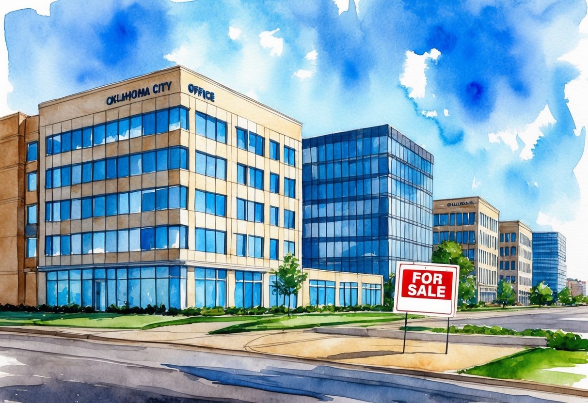 A row of modern office buildings against a blue sky in Oklahoma City, with a "For Sale" sign in the foreground