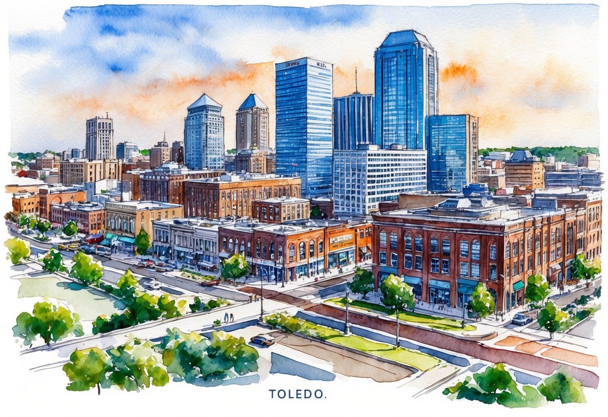 A bustling cityscape in Toledo, OH, with real estate professionals networking and discussing investment opportunities