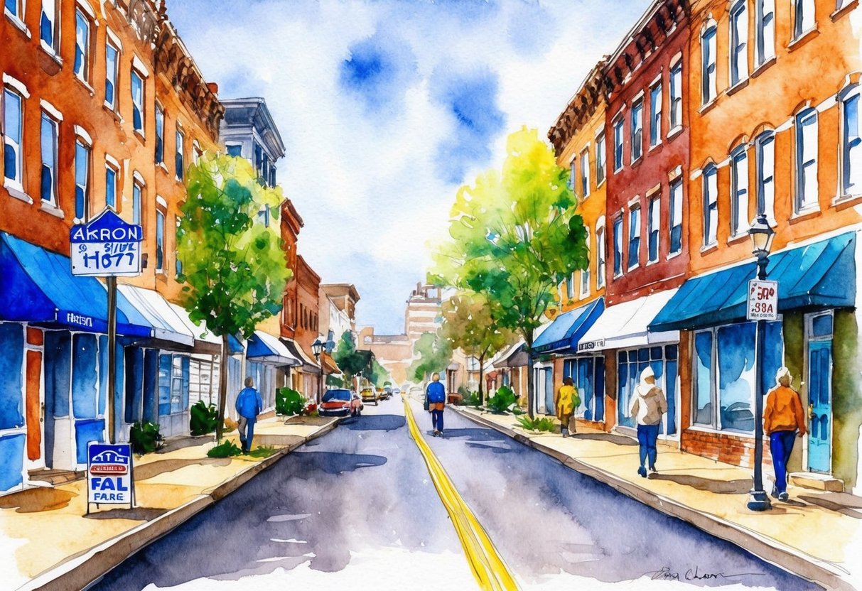 A bustling street in Akron, OH, with various rental properties lining the road, real estate signs, and people walking by