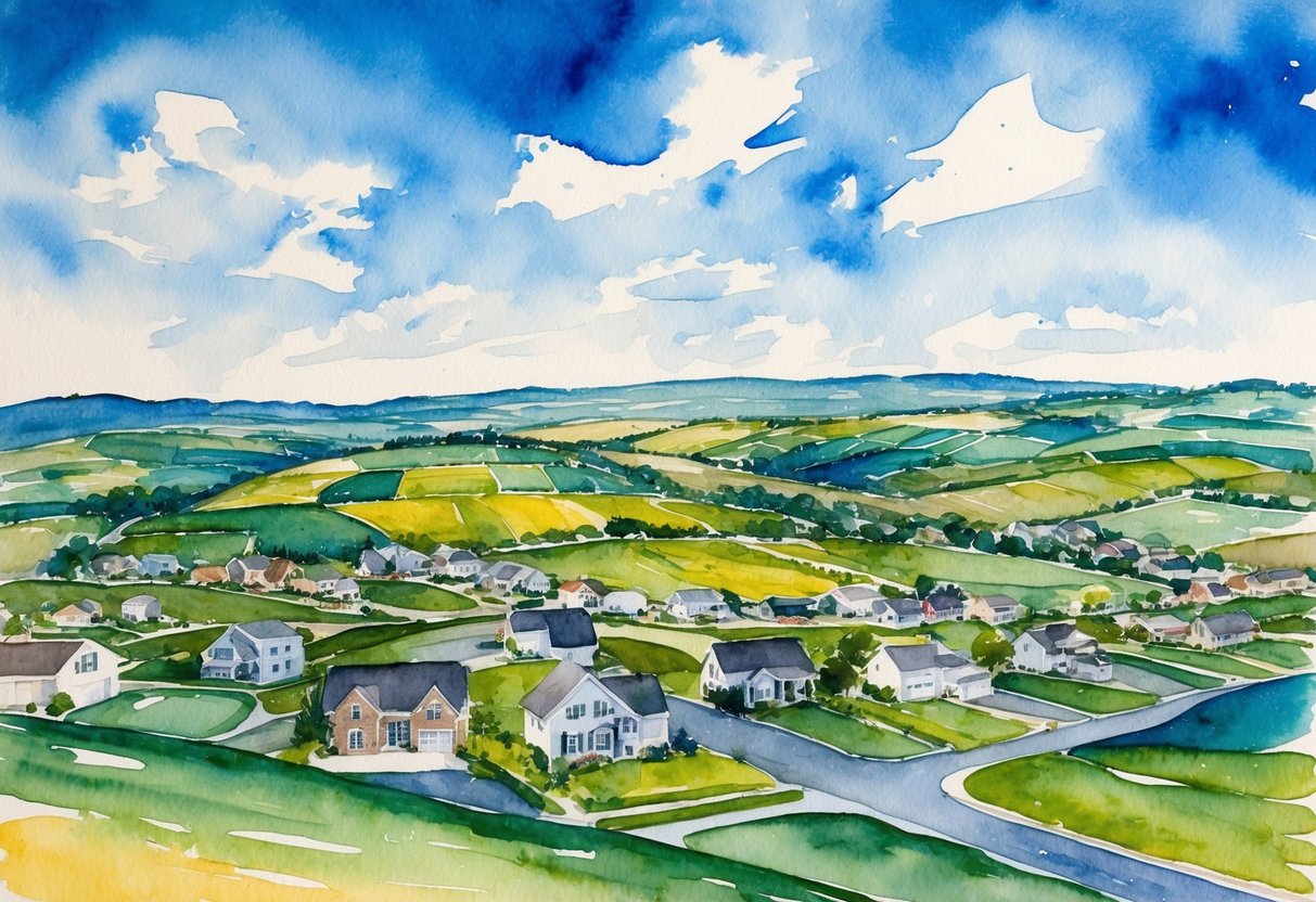 A panoramic view of rolling hills and farmland, with a mix of suburban and rural homes, set against a backdrop of a bright blue sky and scattered clouds