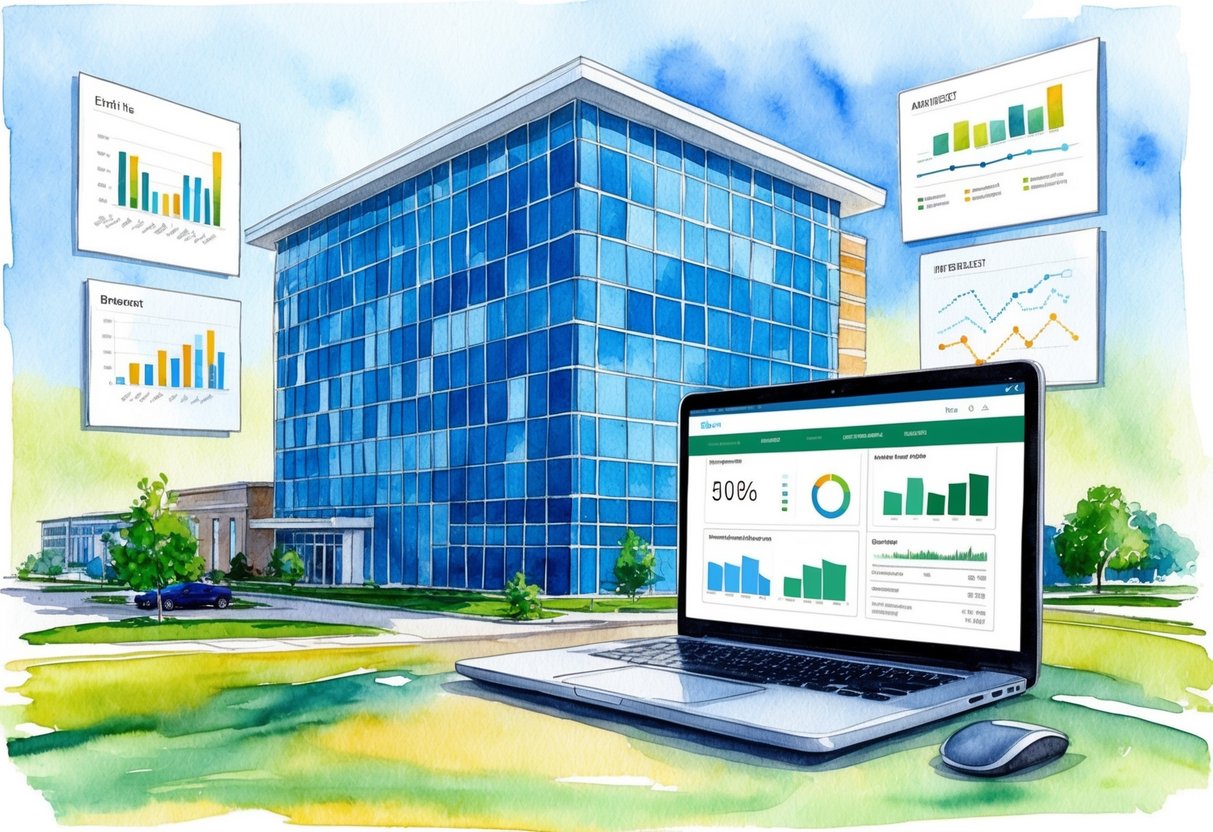 A modern office building in Akron, OH with a digital real estate investment platform displayed on a computer screen, surrounded by charts and graphs