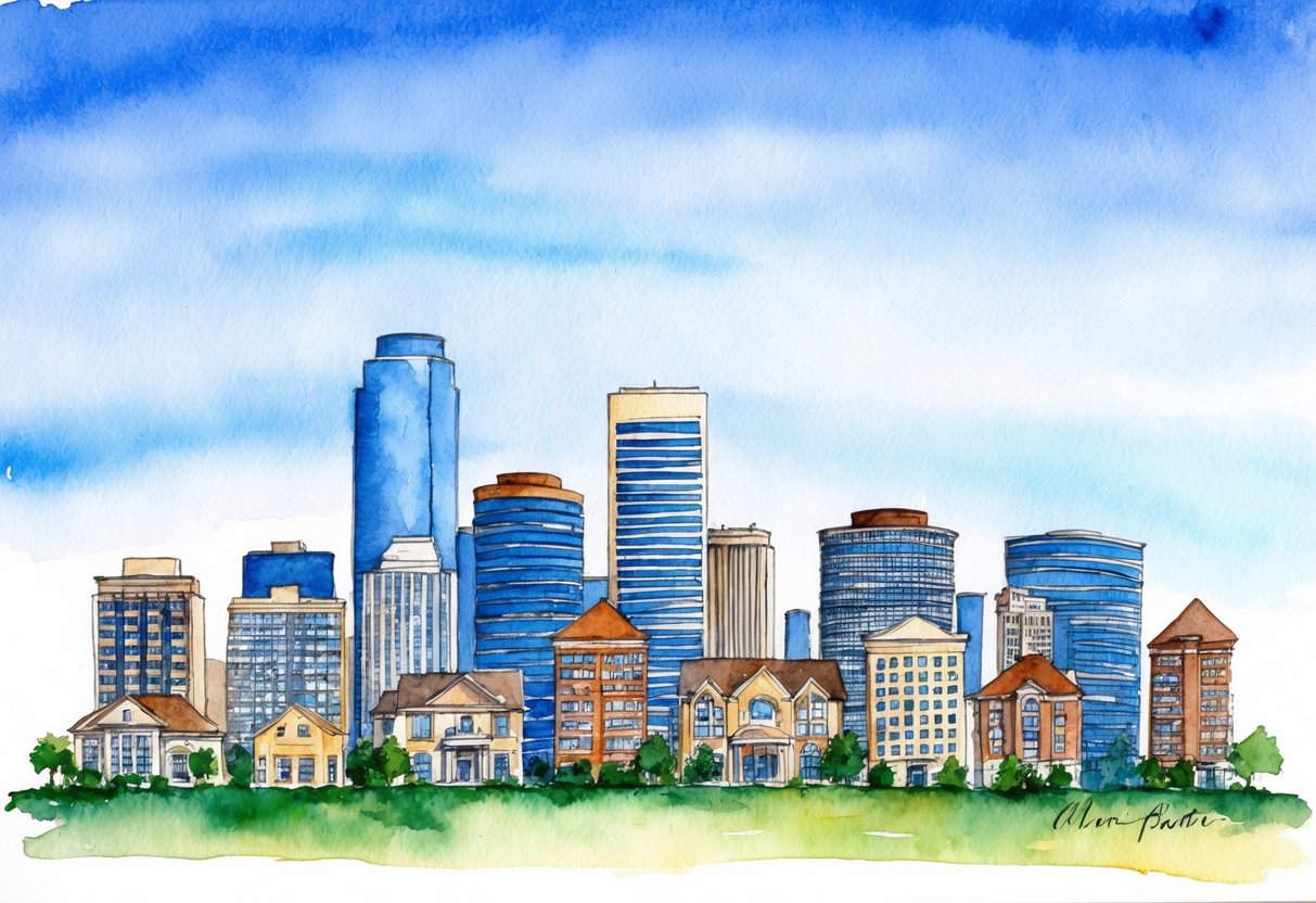 A city skyline with various real estate properties, including residential and commercial buildings, against a backdrop of a clear blue sky