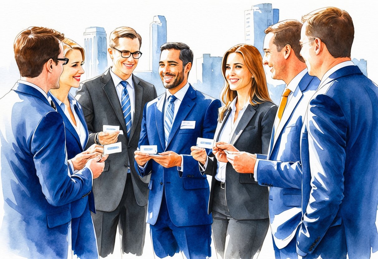 A group of professionals in suits conversing and exchanging business cards at a real estate networking event in Akron, Ohio