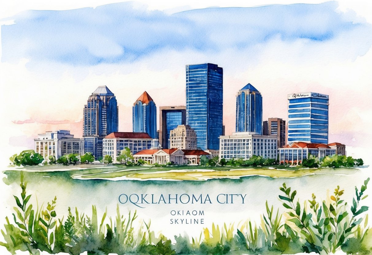 A skyline of Oklahoma City with various real estate properties and surrounding natural and urban elements