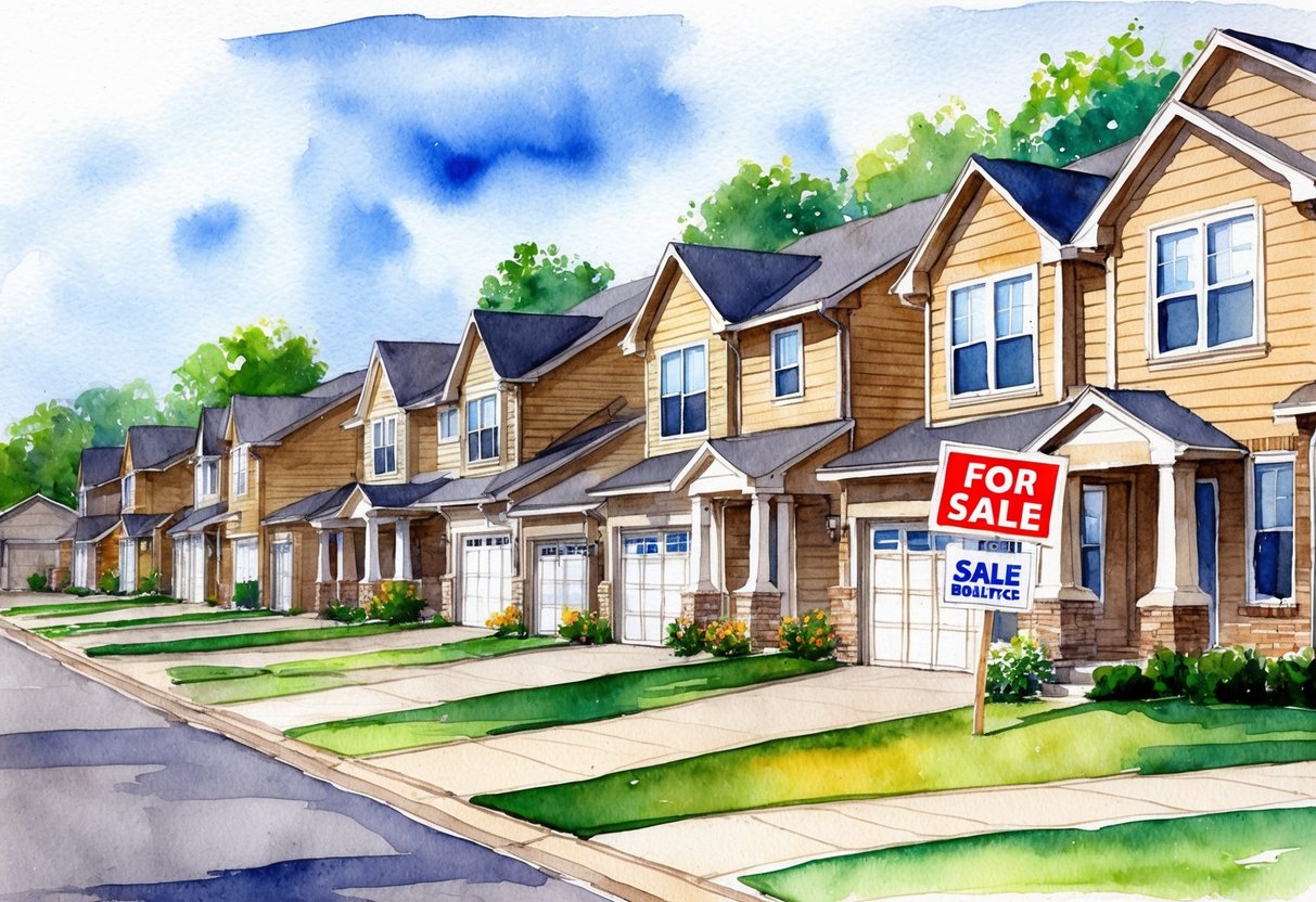 A row of suburban homes in Lawton, OK with "For Sale" signs