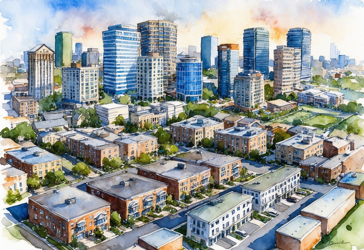 A bustling city with diverse real estate properties, including rental homes, commercial spaces, and vacant land for development
