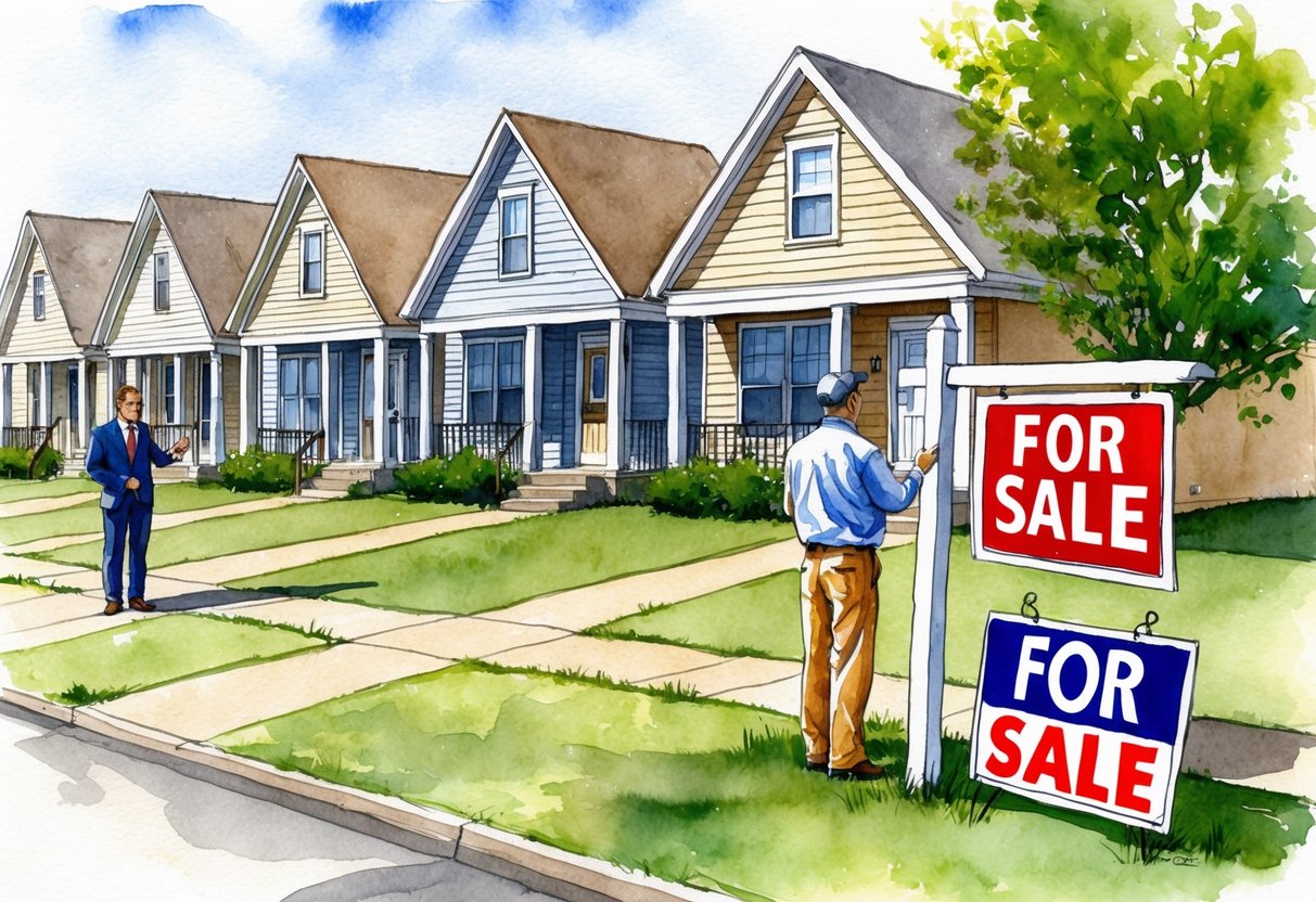 A row of houses in Norman, OK, with "For Sale" signs. A real estate agent shows a property to potential investors