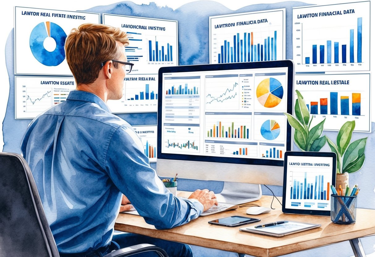 A person analyzing financial data on a computer, surrounded by charts and graphs related to Lawton real estate investing