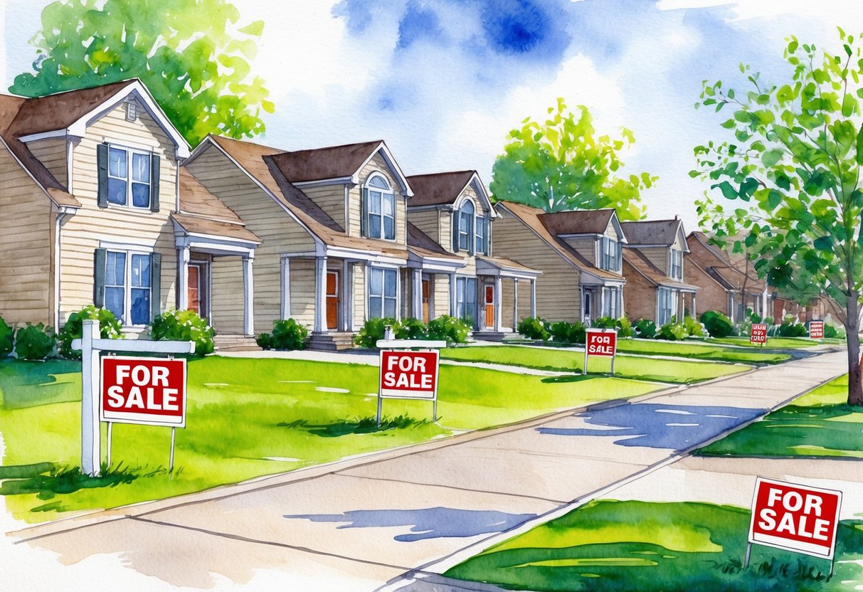 A row of suburban houses in Tulsa, Oklahoma with "For Sale" signs in front, surrounded by green lawns and trees
