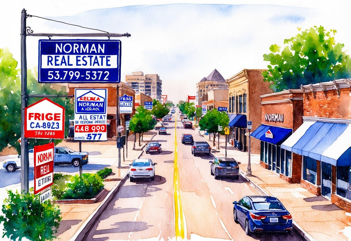A bustling city street with real estate signs, office buildings, and residential properties in Norman, Oklahoma