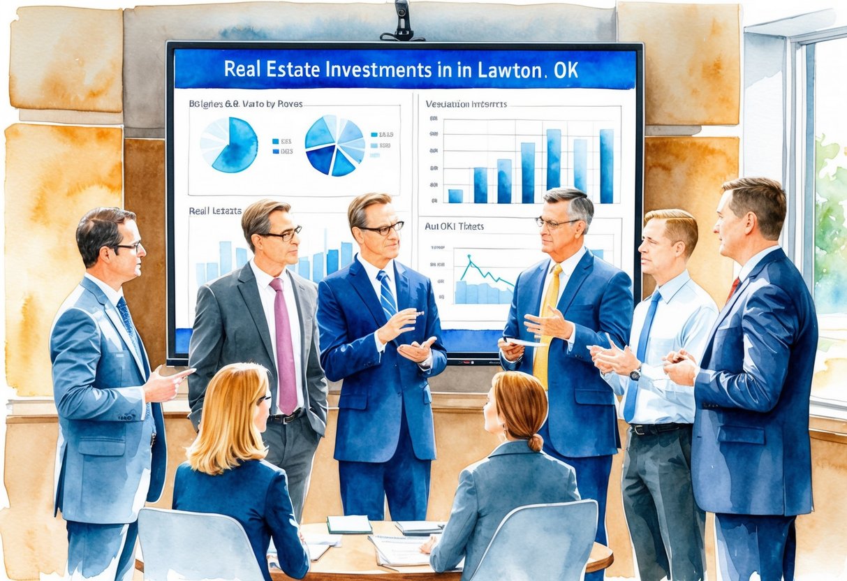 A group of professionals discussing real estate investments in Lawton, OK, with charts and graphs displayed on a large screen