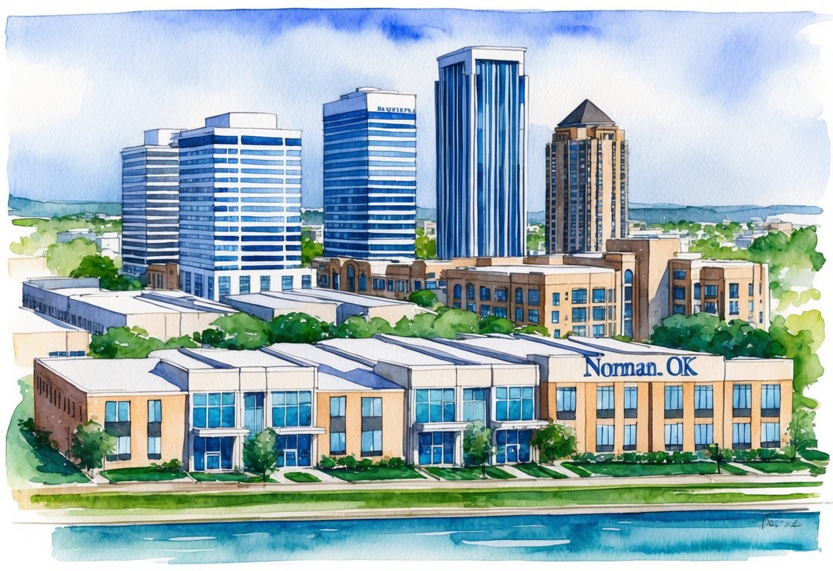 An urban skyline with modern office buildings and residential complexes in the background, with a focus on a row of investment properties in Norman, OK