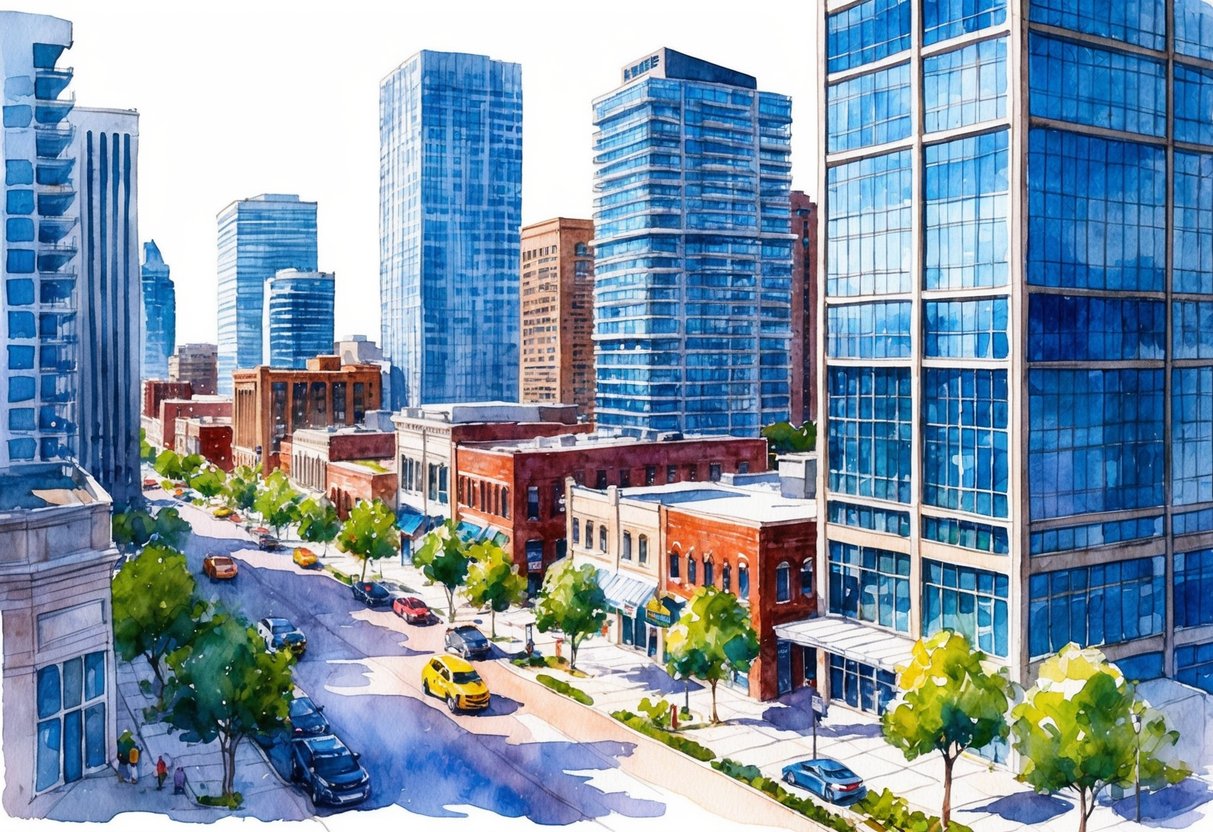 A bustling cityscape with modern high-rise buildings and vibrant street activity, showcasing the potential for commercial real estate opportunities in Tulsa, OK