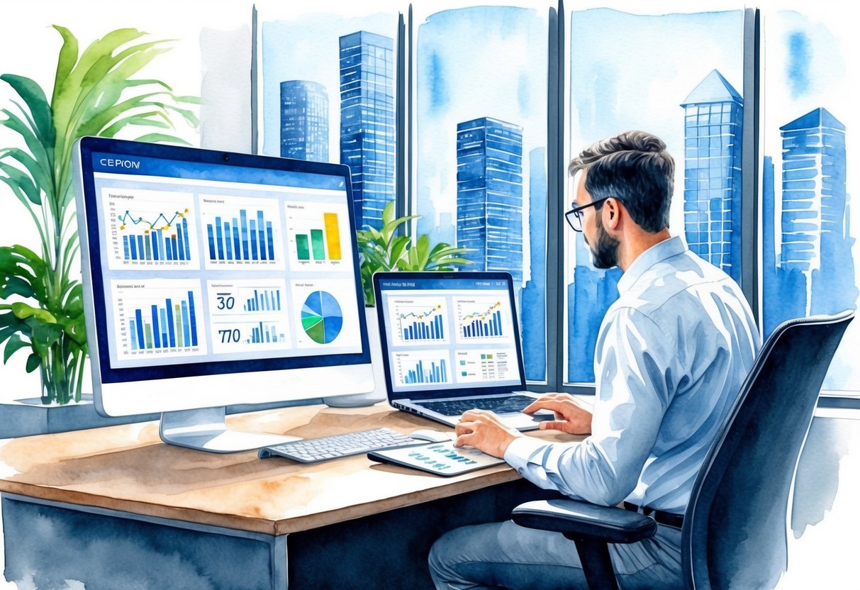 A modern office with charts, graphs, and real estate data displayed on a computer screen, while a person analyzes cash flow and financial insights