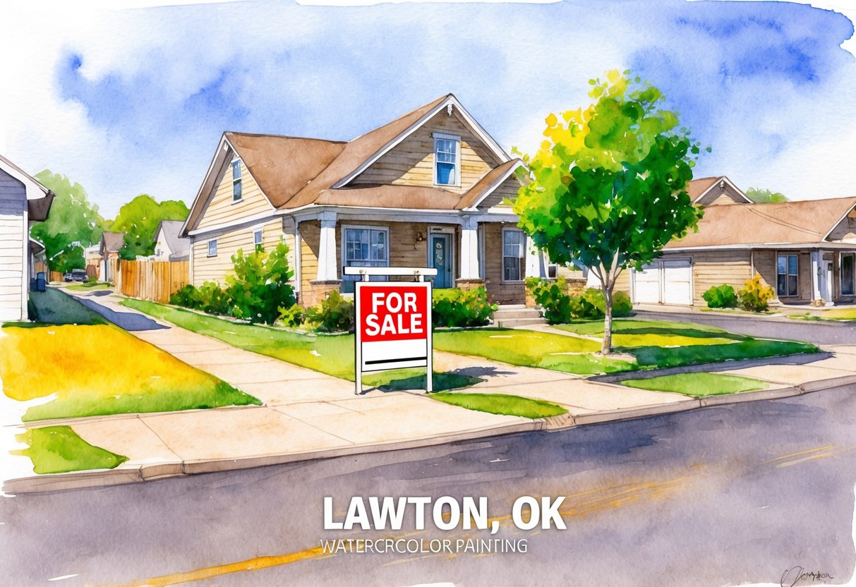 A sunny street in Lawton, OK with a "For Sale" sign in front of a well-maintained home, surrounded by other properties