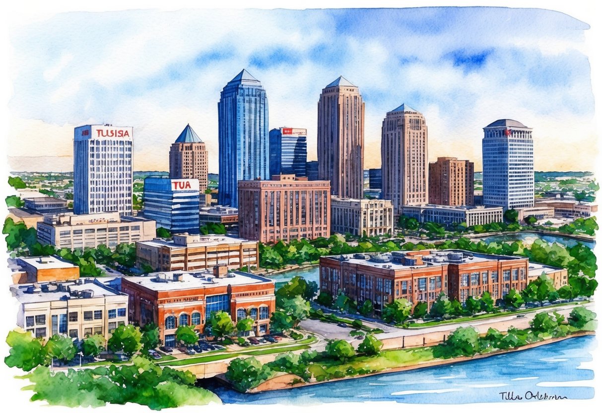 A skyline of Tulsa, Oklahoma with various real estate properties, including residential and commercial buildings, surrounded by greenery and a river