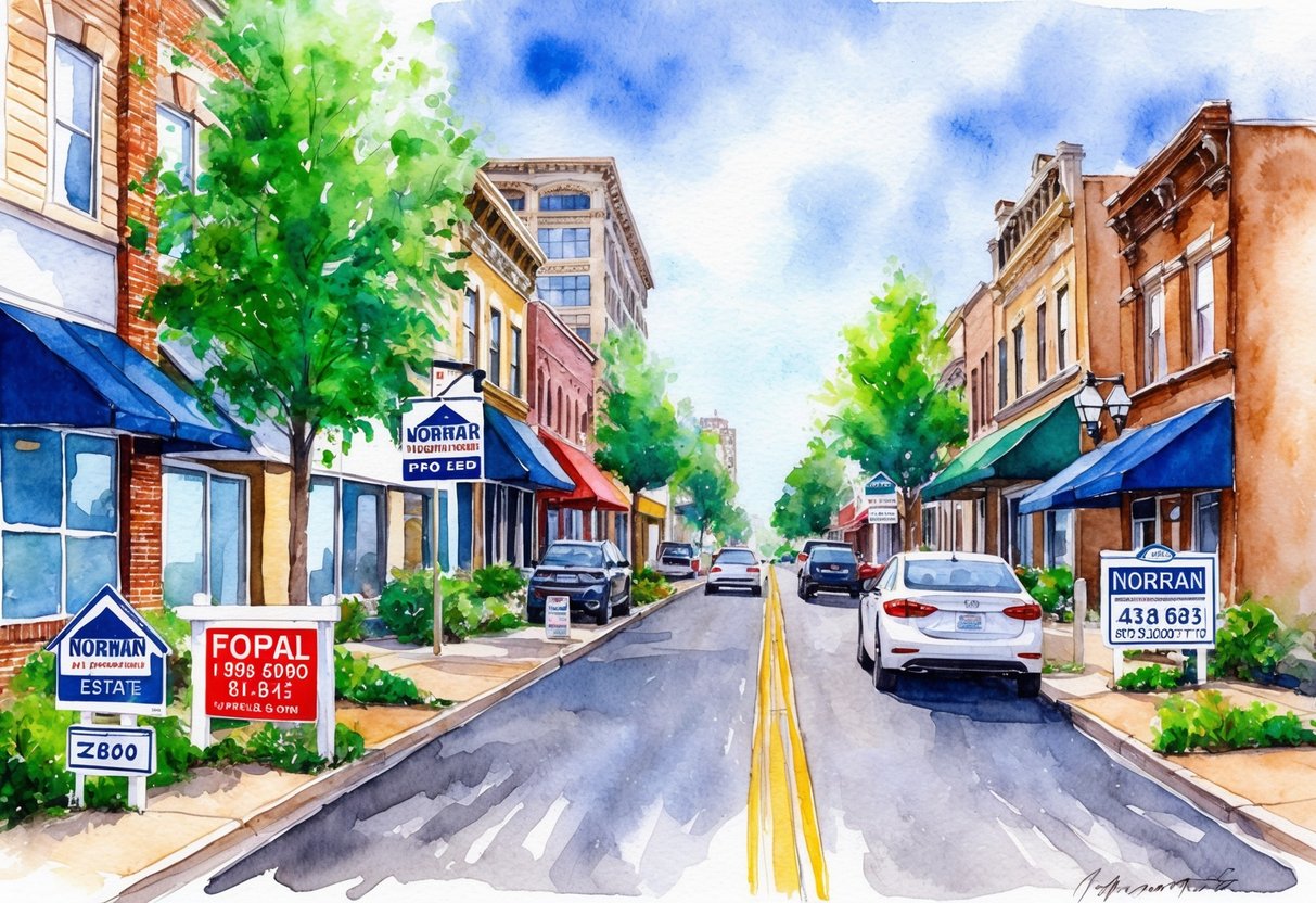 A bustling city street with various properties and real estate signs, representing the active property management and real estate investing in Norman, OK