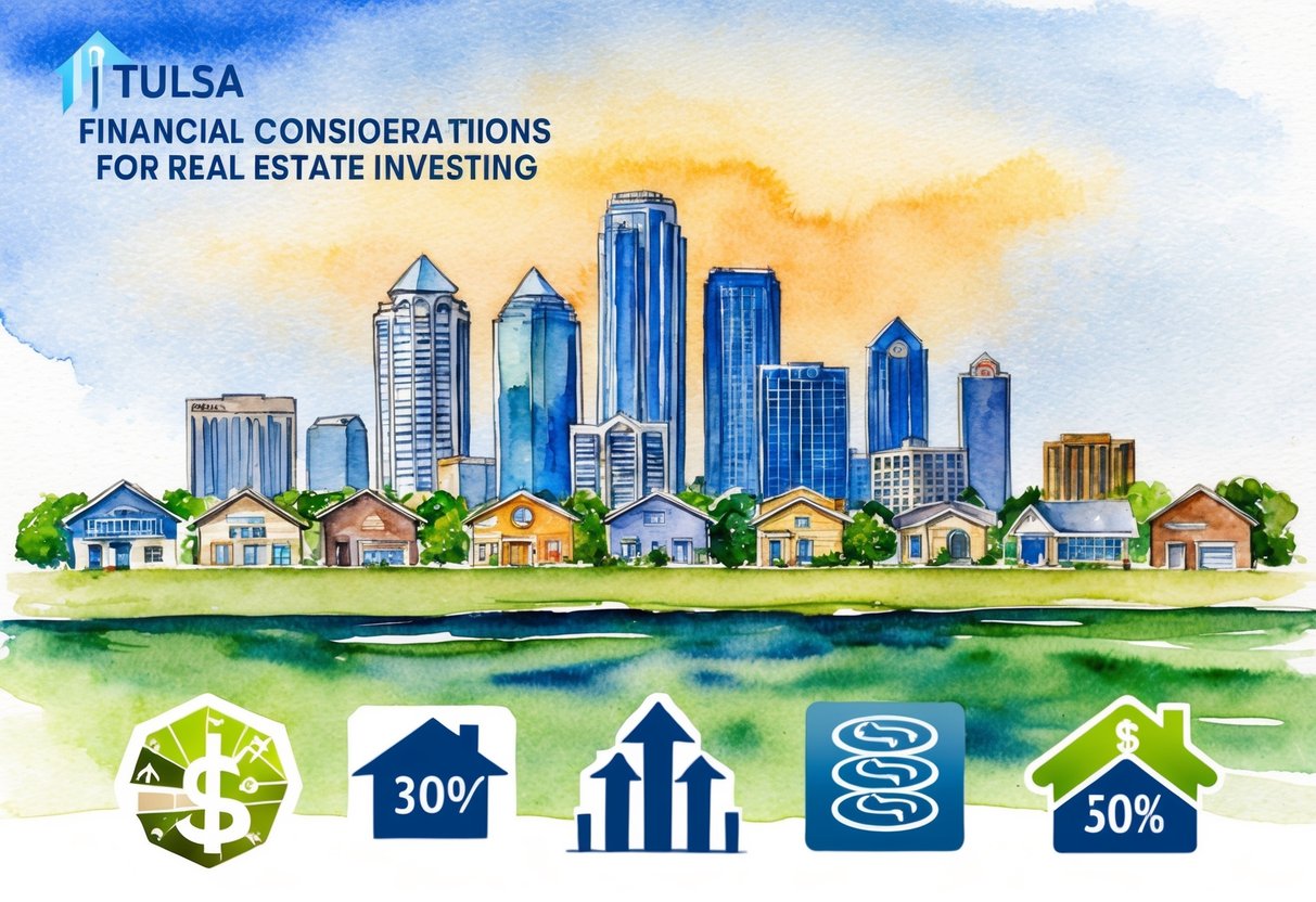 A skyline of Tulsa, Oklahoma with various real estate properties and investment symbols in the foreground, depicting financial considerations for real estate investing