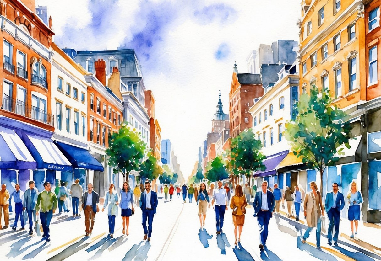 A bustling city street with diverse architecture, a mix of residential and commercial buildings, and a variety of people walking and interacting