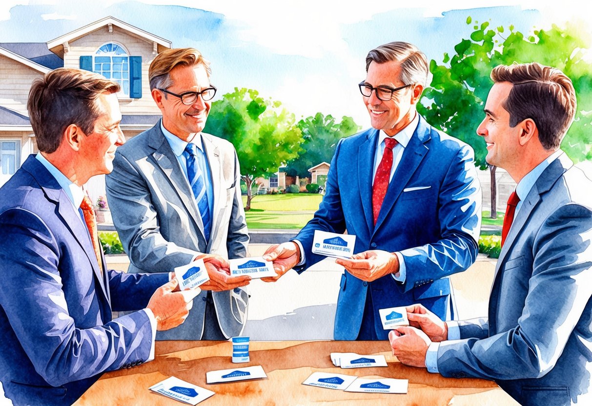 A group of real estate investors in Tulsa, Oklahoma, exchanging business cards and discussing potential investment opportunities
