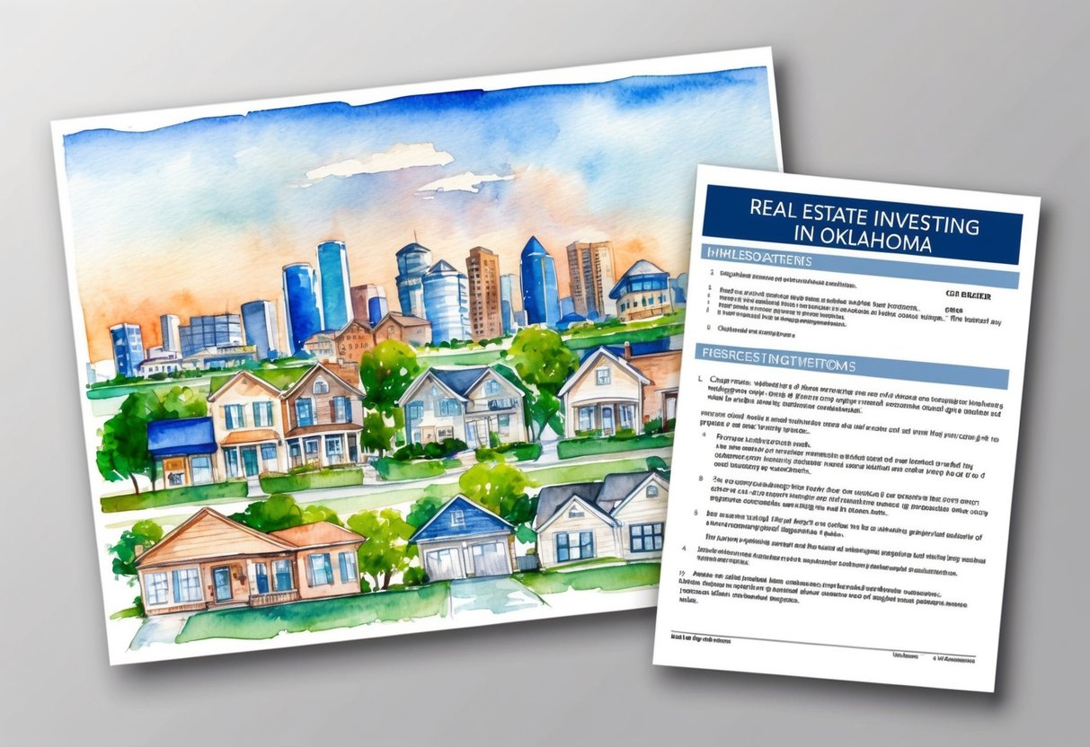 A city skyline with various buildings and houses, alongside a set of legal documents and regulations related to real estate investing in Norman, Oklahoma