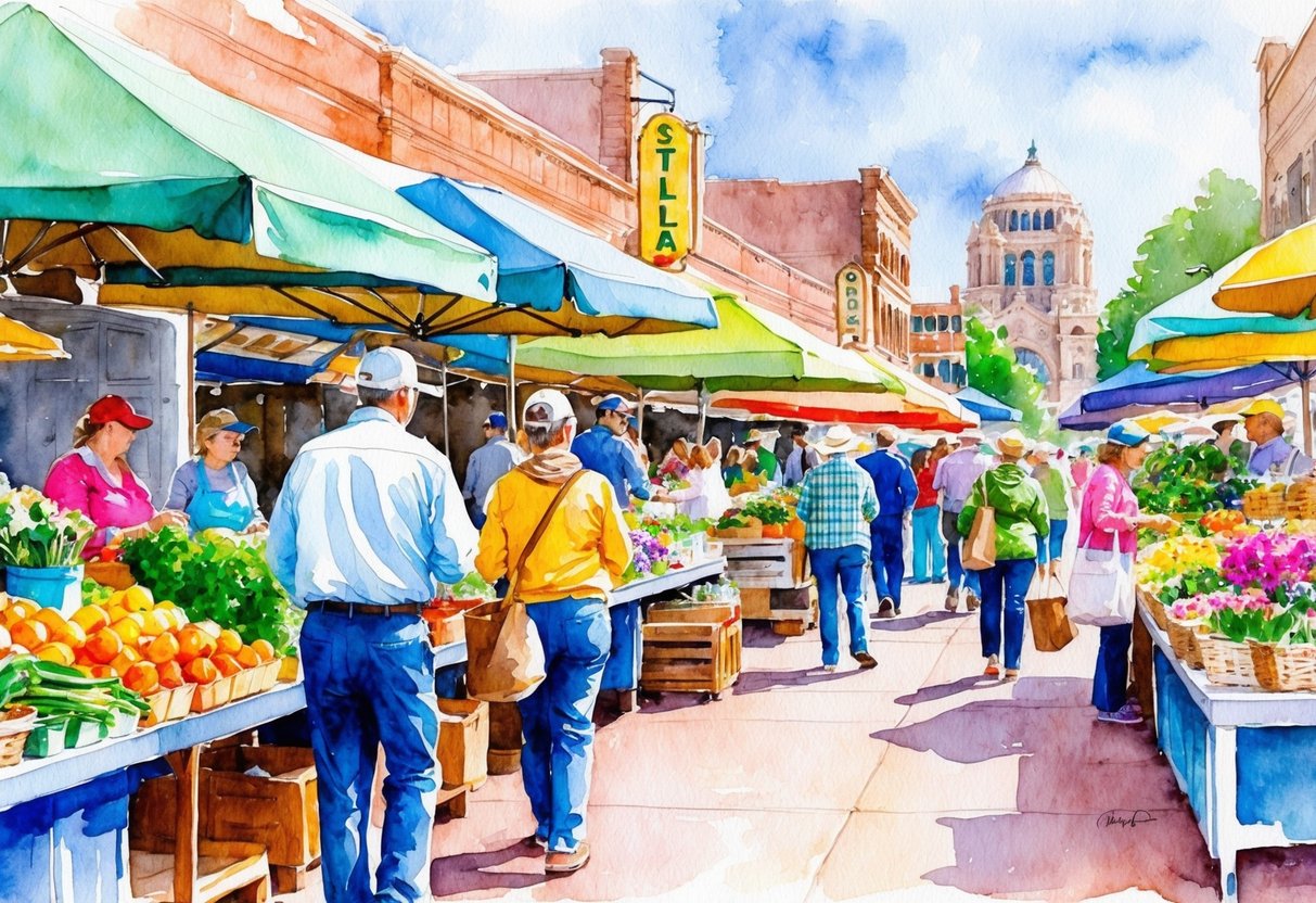 A bustling local market in Tulsa, Oklahoma, with vendors selling fresh produce, colorful flowers, and handmade crafts. Busy shoppers explore the vibrant stalls