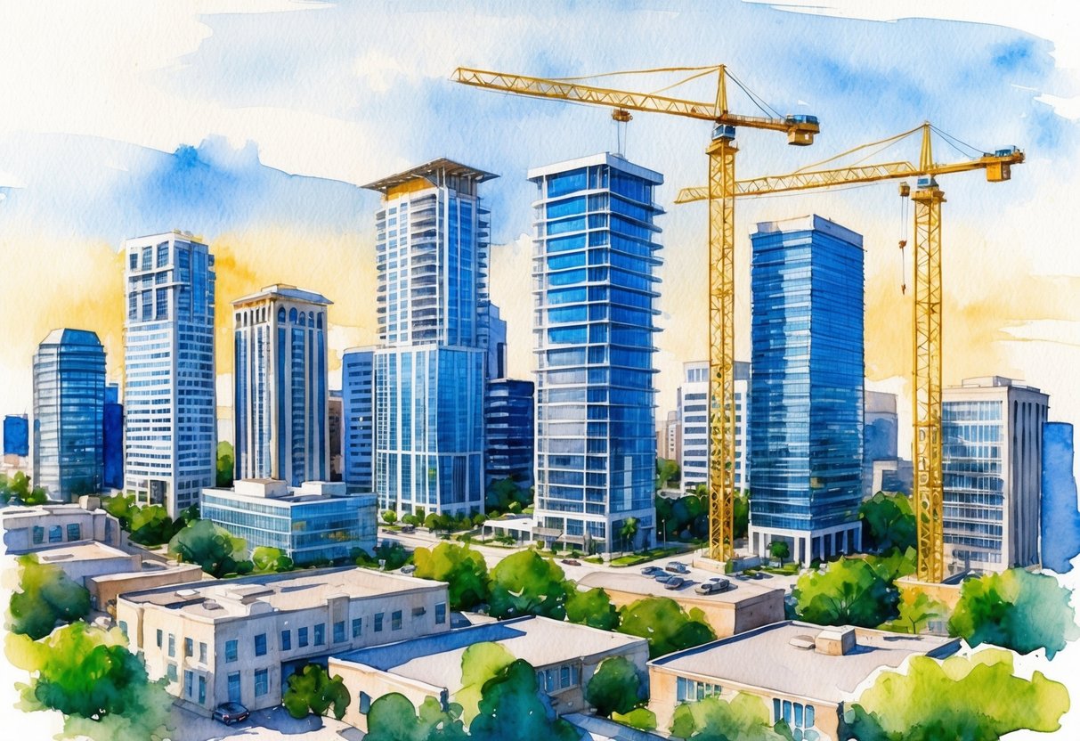 A bustling cityscape with modern high-rise buildings and construction cranes, symbolizing future trends and development projects in real estate investing in Norman, OK