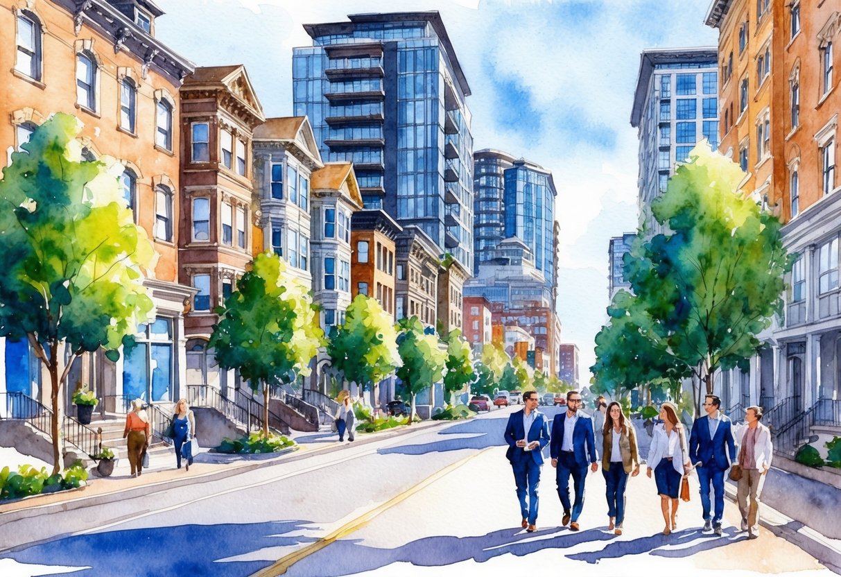 A bustling street in Portland, Oregon, lined with historic homes and modern high-rises, as people walk by discussing real estate investments